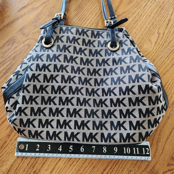 Michael Kors Jet Set Grab Bag Purse In Brown Signature Jacquard With Leather - Picture 7 of 11